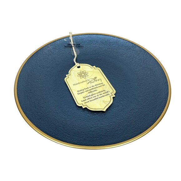 Turkish Glass 4 Salad Dessert Plates Set Blue Texture Gold Rim 8.25" NWT - Picture 2 of 11